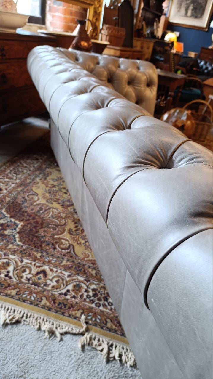 Vintage Grey Leather Chesterfield Style Sofa with Deep Button Tufting