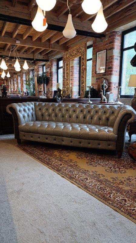 Vintage Grey Leather Chesterfield Style Sofa with Deep Button Tufting