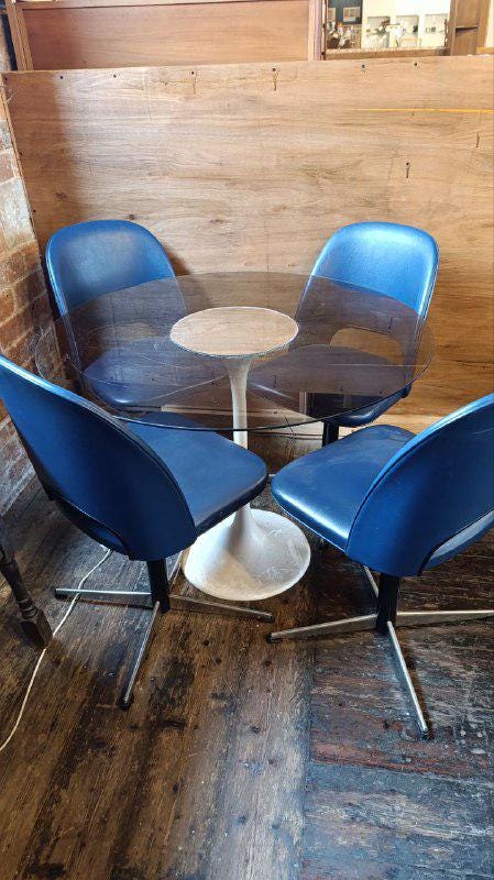Mid Century West German Dining Table with Four Swivel Chairs in Blue Upholstery