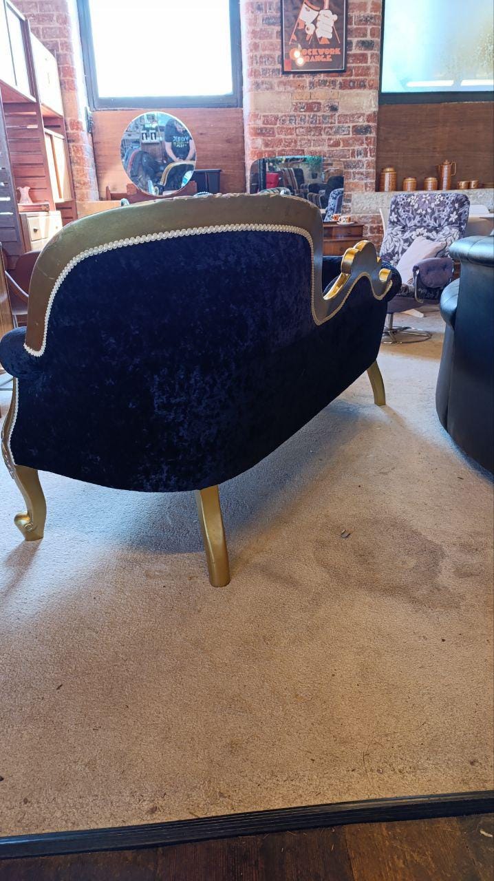 French Rococo Revival Giltwood Chaise Longue with Velvet Chenille Upholstery