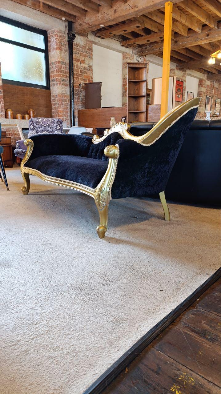 French Rococo Revival Giltwood Chaise Longue with Velvet Chenille Upholstery