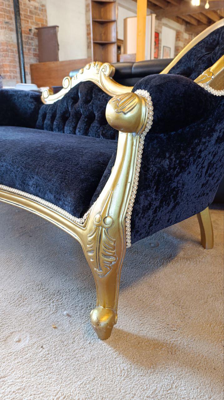 French Rococo Revival Giltwood Chaise Longue with Velvet Chenille Upholstery