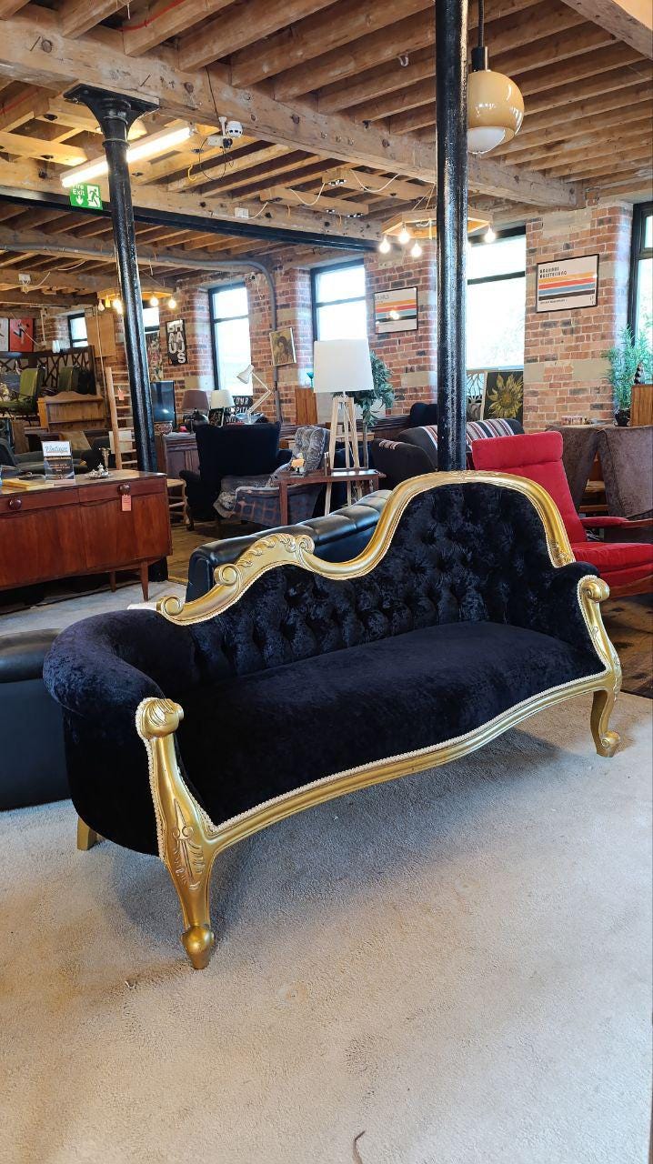 French Rococo Revival Giltwood Chaise Longue with Velvet Chenille Upholstery