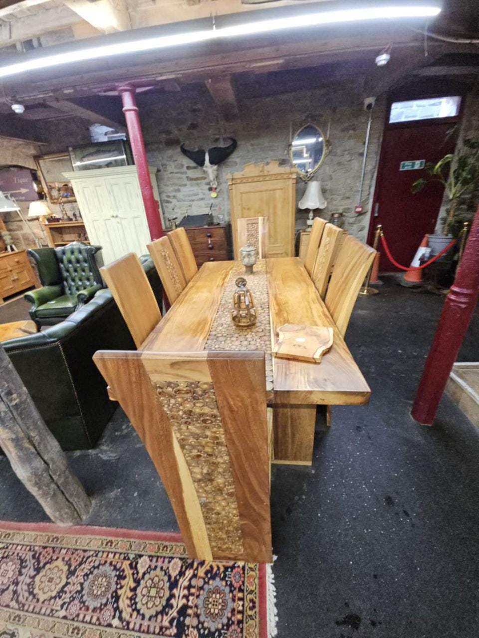 Handcrafted Solid Wood Dining Set – Large 8-Seater Table with Chairs, Rustic Inlay & Patina