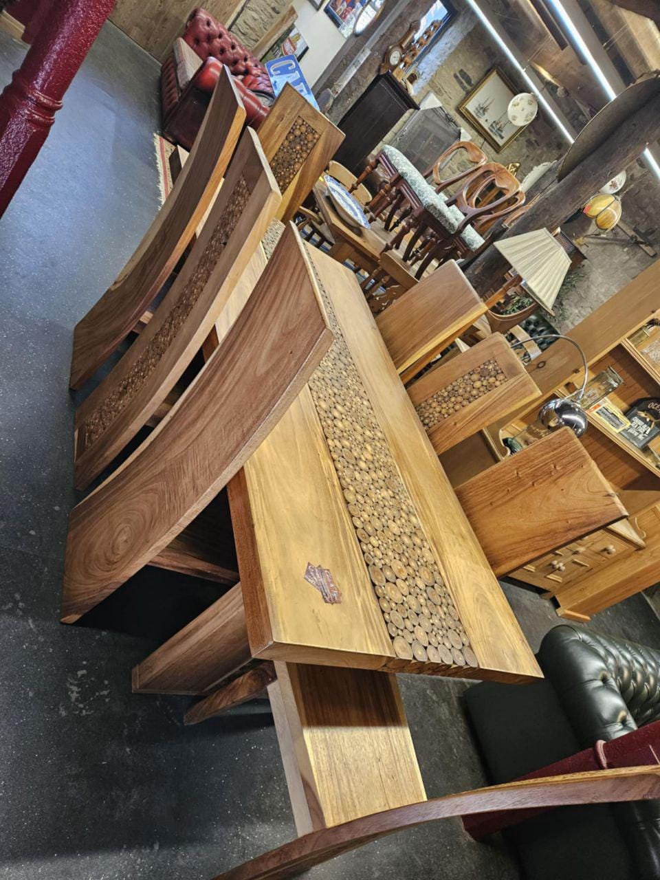 Handcrafted Solid Wood Dining Set – Large 8-Seater Table with Chairs, Rustic Inlay & Patina