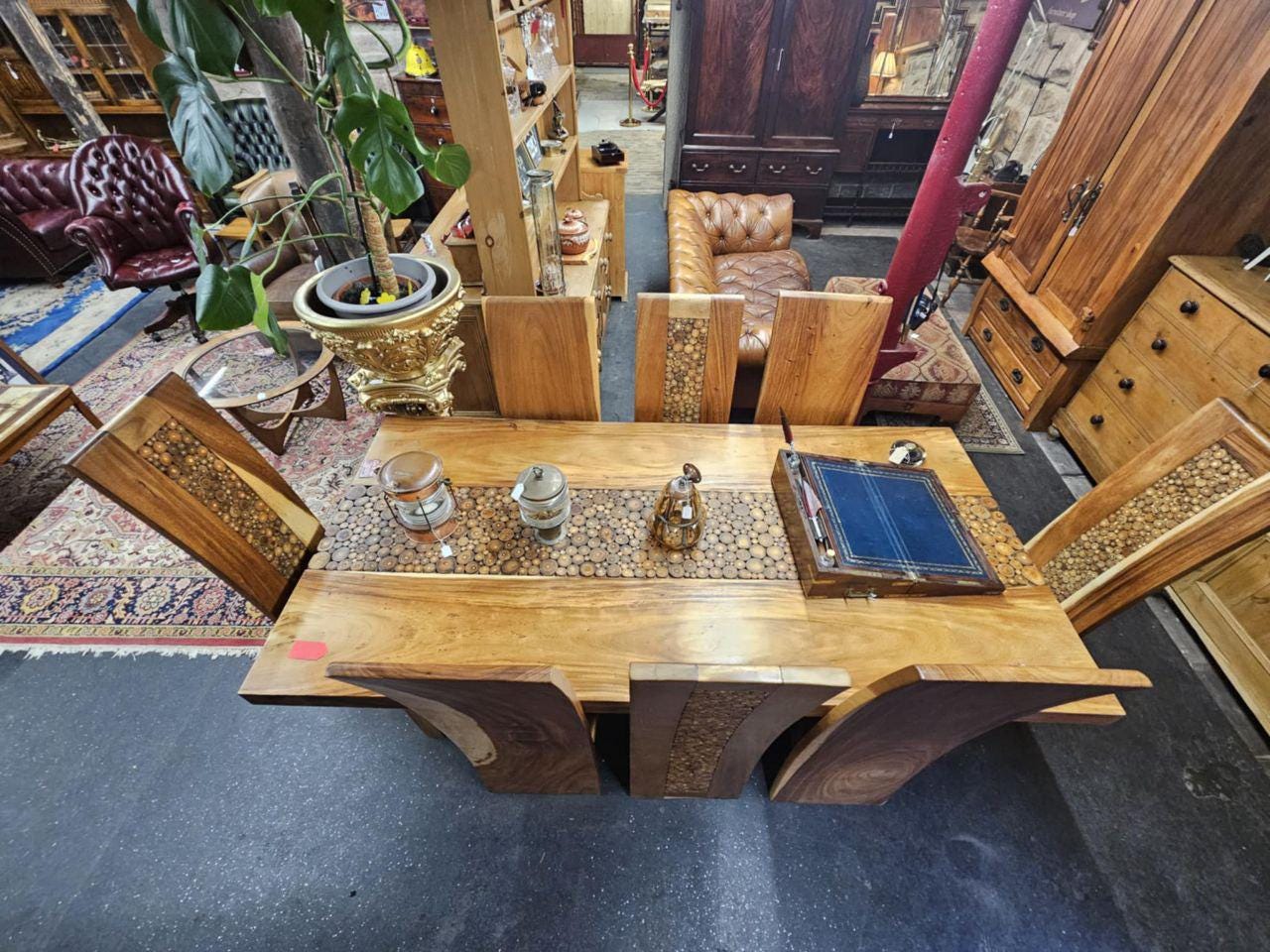 Handcrafted Solid Wood Dining Set – Large 8-Seater Table with Chairs, Rustic Inlay & Patina