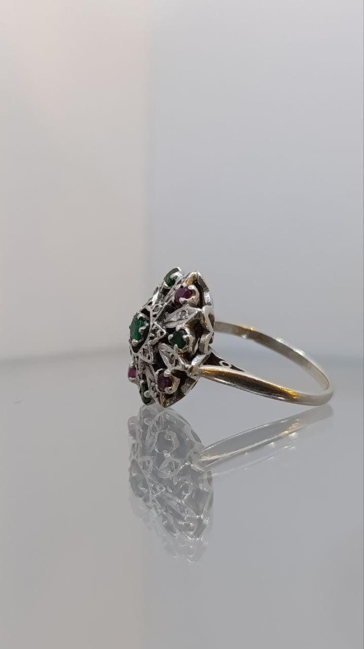 Vintage 9ct White Gold Ruby, Emerald & Diamond Cluster Ring – Size Q