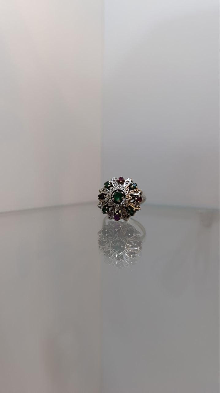 Vintage 9ct White Gold Ruby, Emerald & Diamond Cluster Ring – Size Q