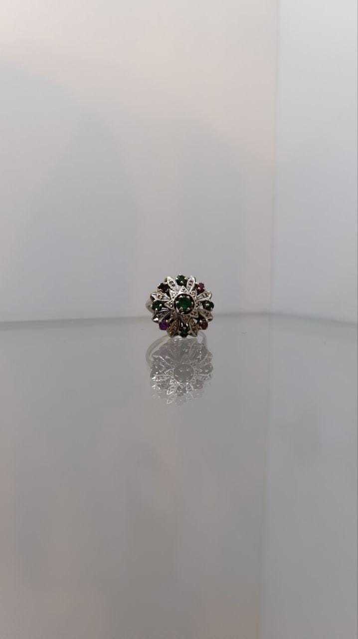 Vintage 9ct White Gold Ruby, Emerald & Diamond Cluster Ring – Size Q