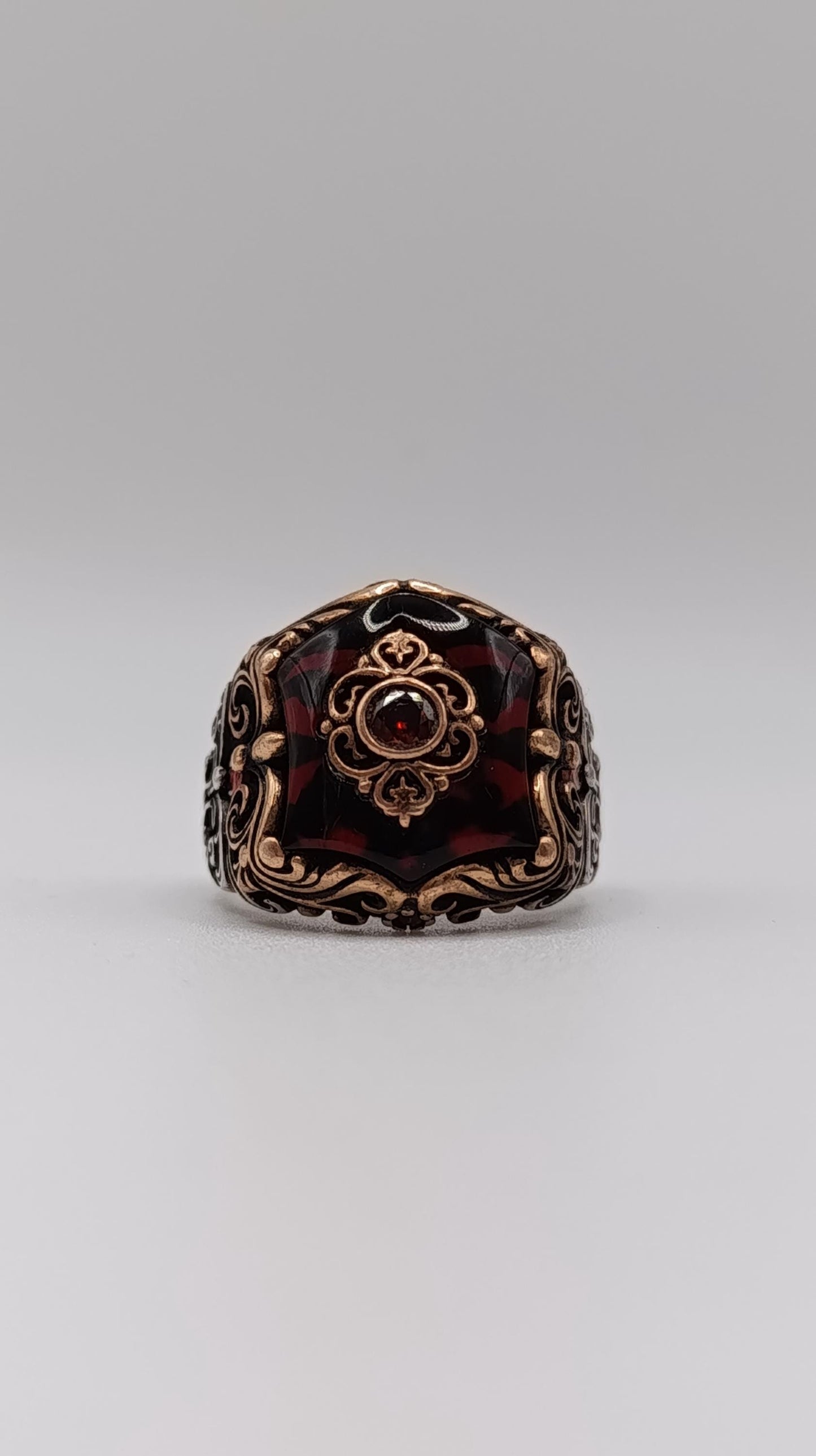 Ornate Sterling Silver & Garnet Ring, Handmade in Turkey