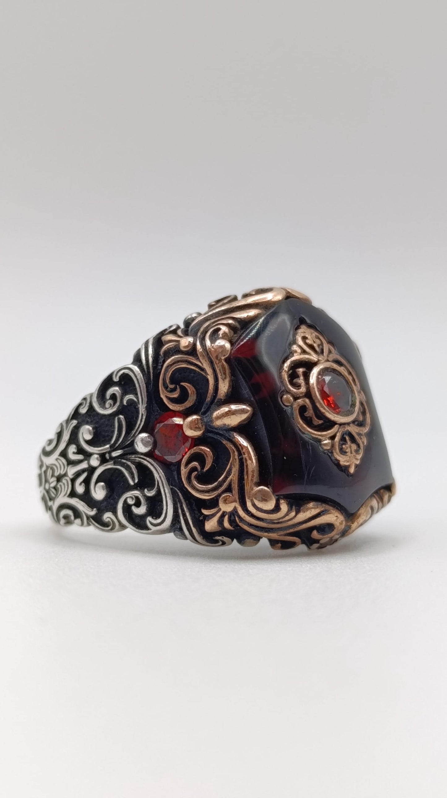 Ornate Sterling Silver & Garnet Ring, Handmade in Turkey