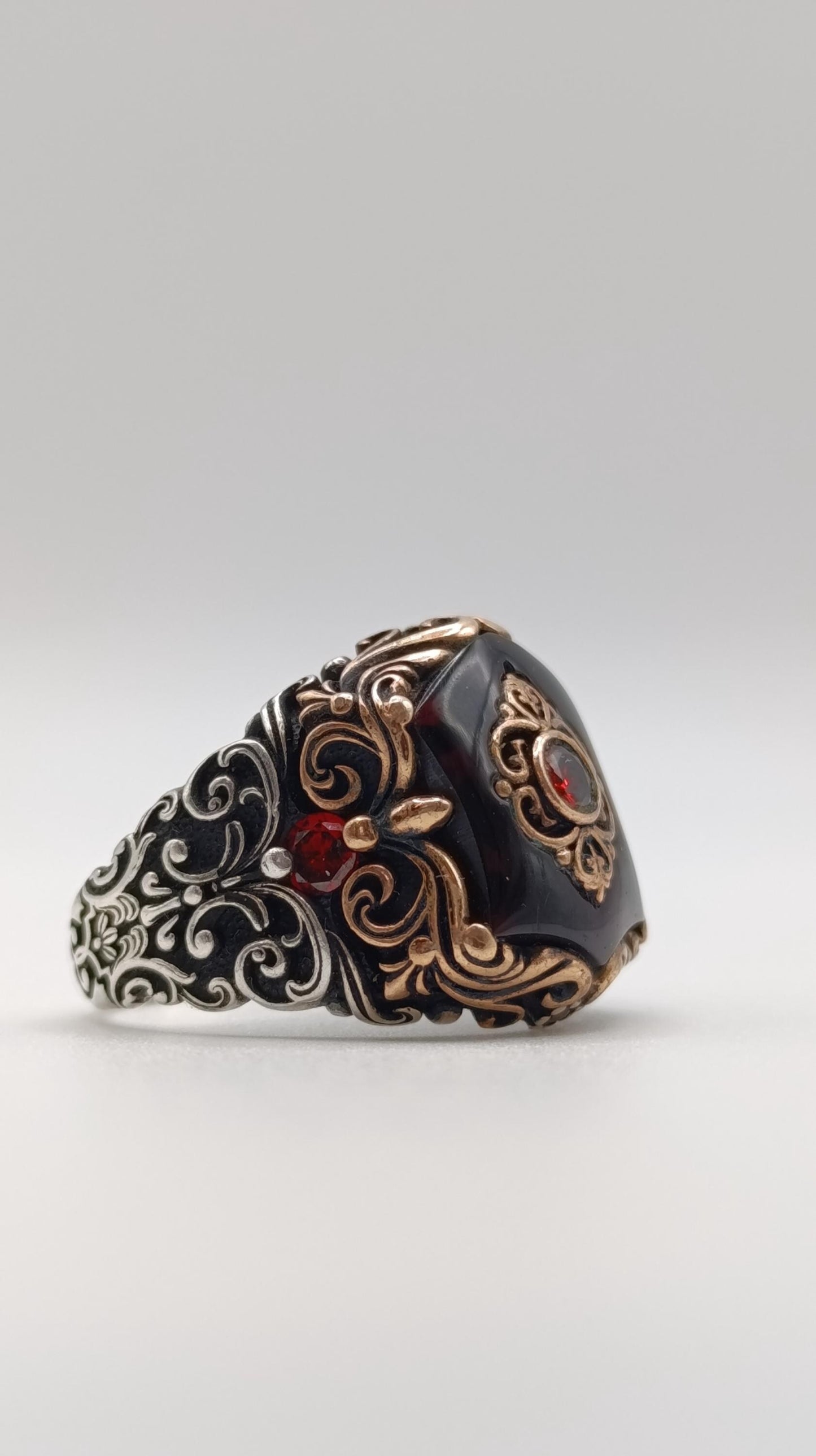 Ornate Sterling Silver & Garnet Ring, Handmade in Turkey