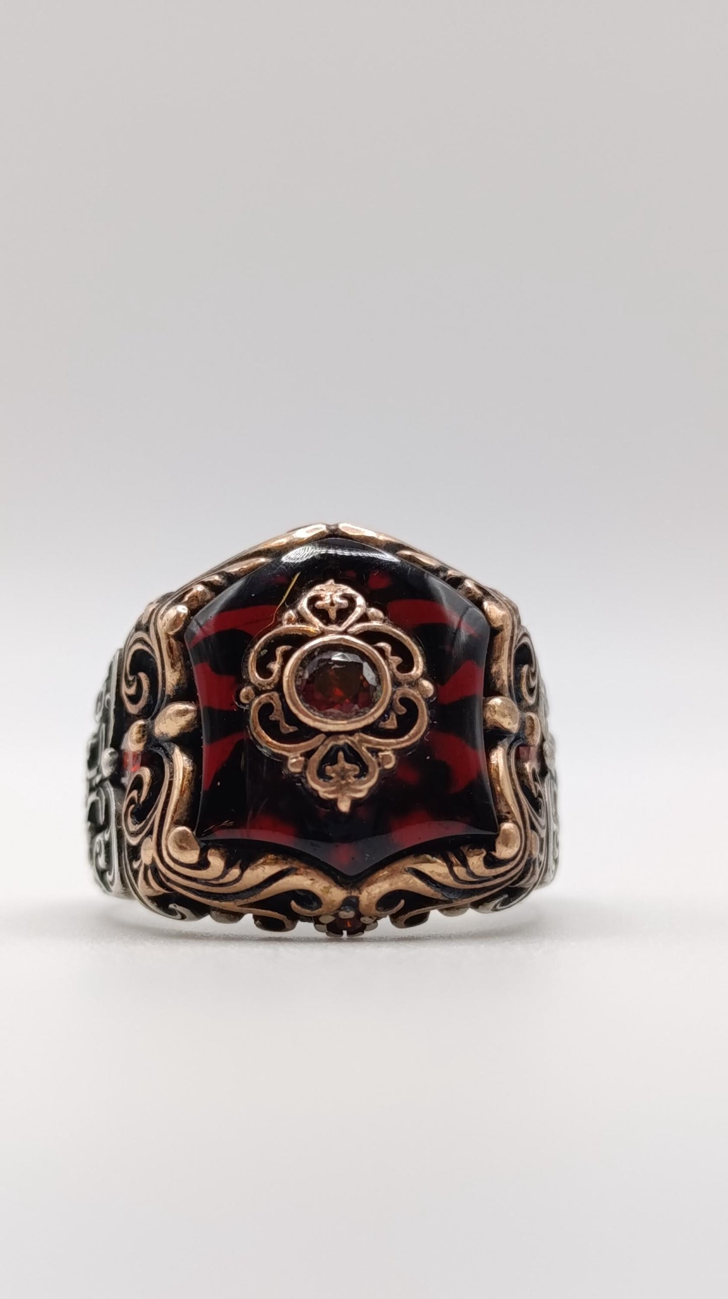 Ornate Sterling Silver & Garnet Ring, Handmade in Turkey