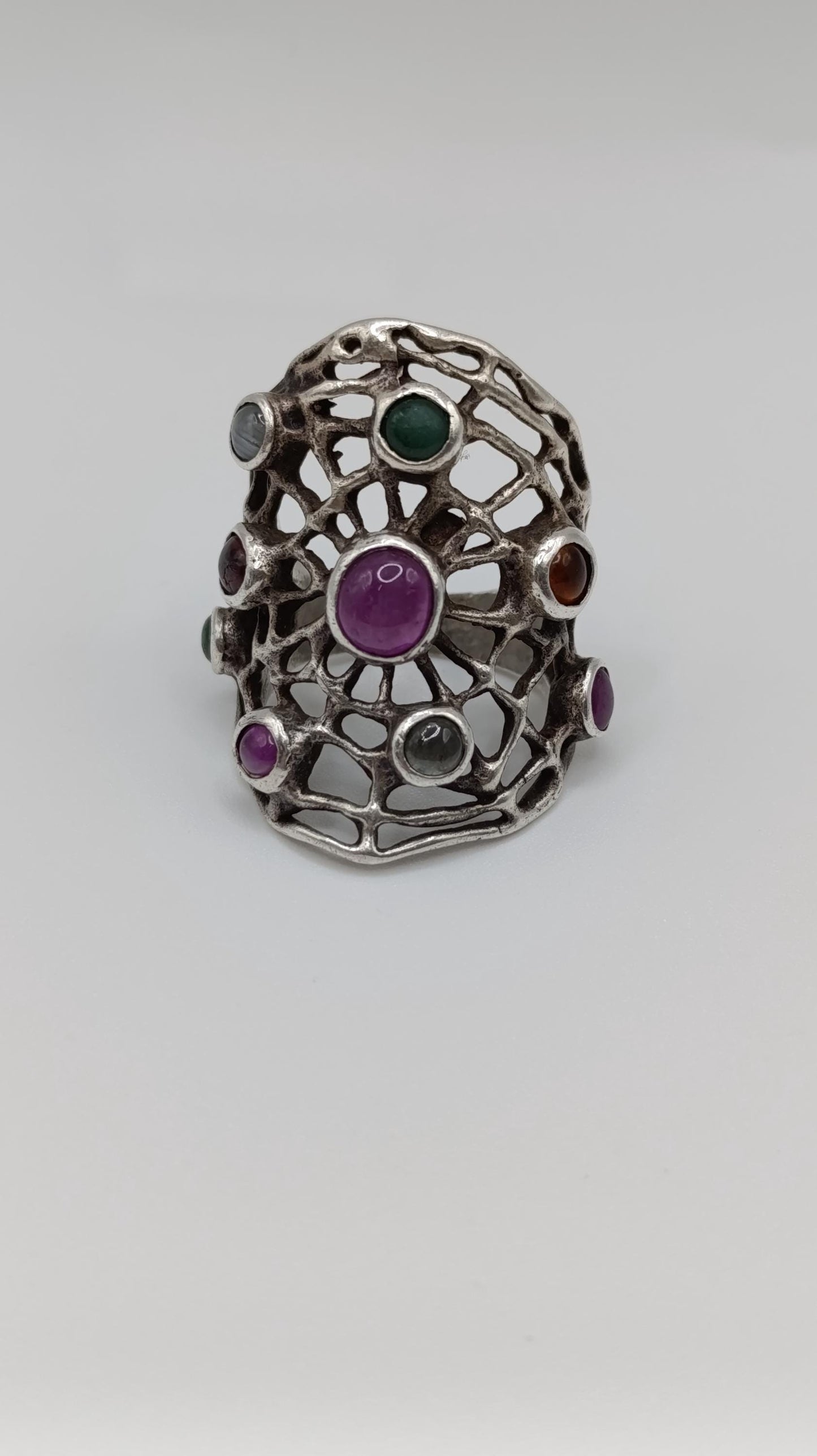 Sterling Silver "Galaxy" Ring with Ruby, Emerald, Garnet, Amber & Moonstone, 20g