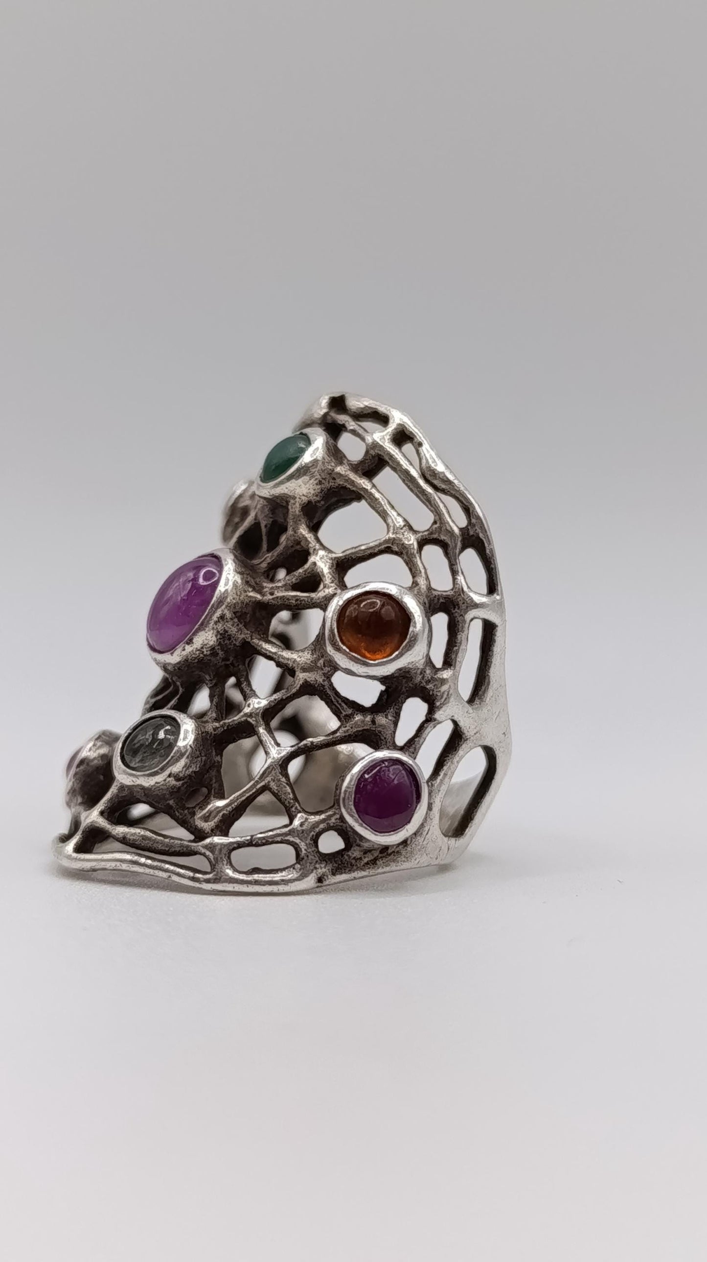 Sterling Silver "Galaxy" Ring with Ruby, Emerald, Garnet, Amber & Moonstone, 20g