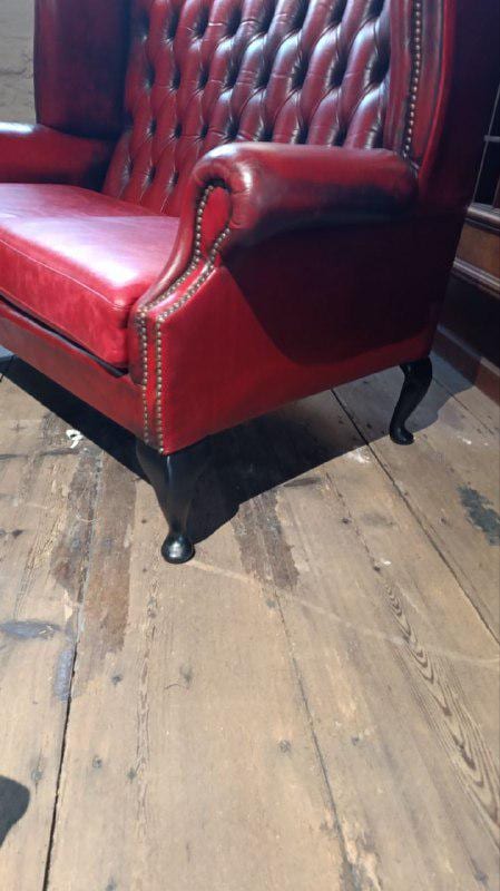 Edwardian Style Red Leather Chesterfield High-Back Sofa with Queen Anne Legs