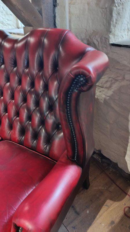 Edwardian Style Red Leather Chesterfield High-Back Sofa with Queen Anne Legs
