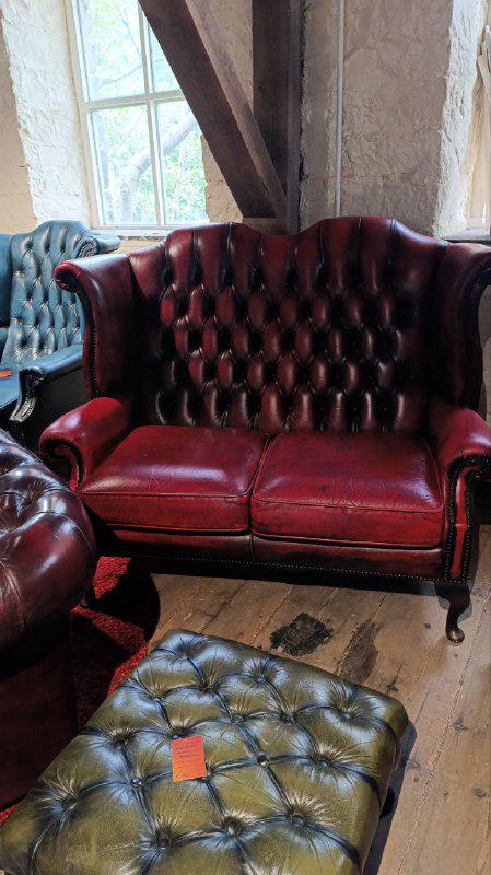 Edwardian Style Red Leather Chesterfield High-Back Sofa with Queen Anne Legs