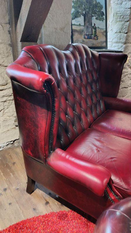 Edwardian Style Red Leather Chesterfield High-Back Sofa with Queen Anne Legs