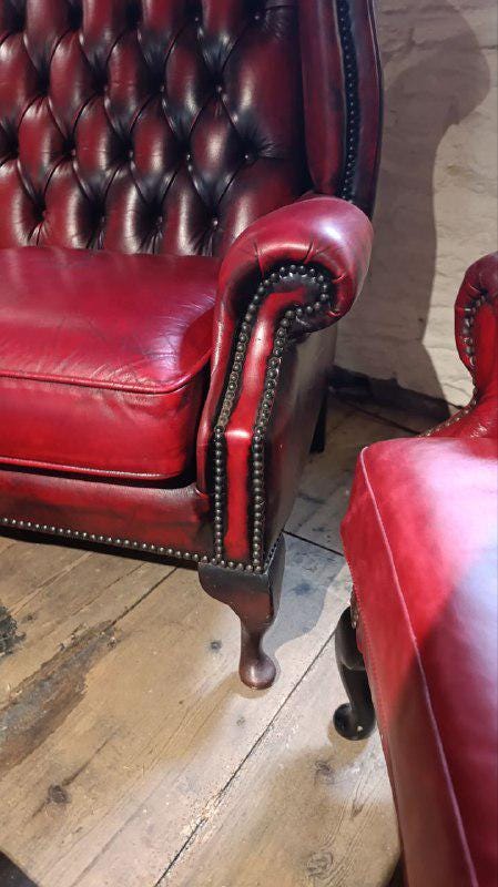 Edwardian Style Red Leather Chesterfield High-Back Sofa with Queen Anne Legs
