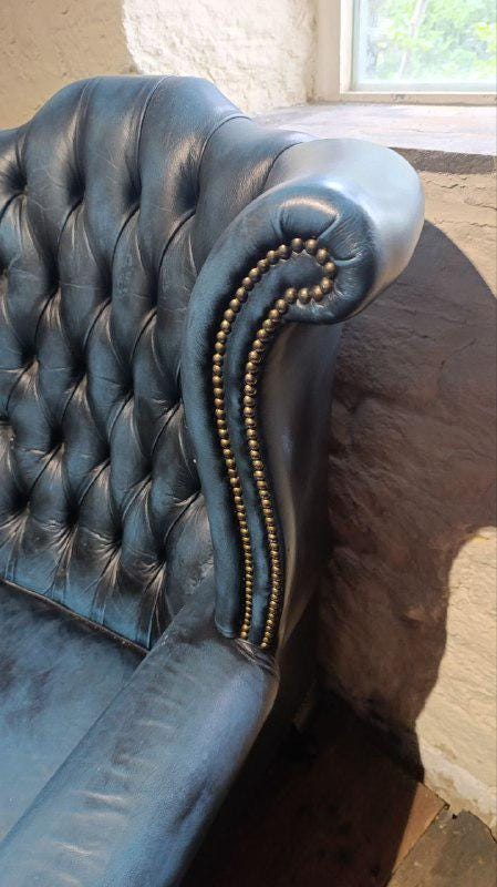 Vintage Chesterfield Wingback Armchair - Blue Leather