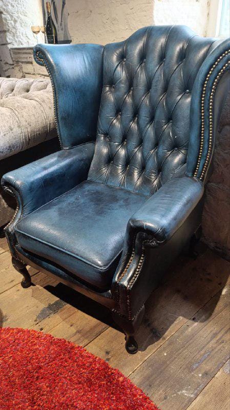 Vintage Chesterfield Wingback Armchair - Blue Leather
