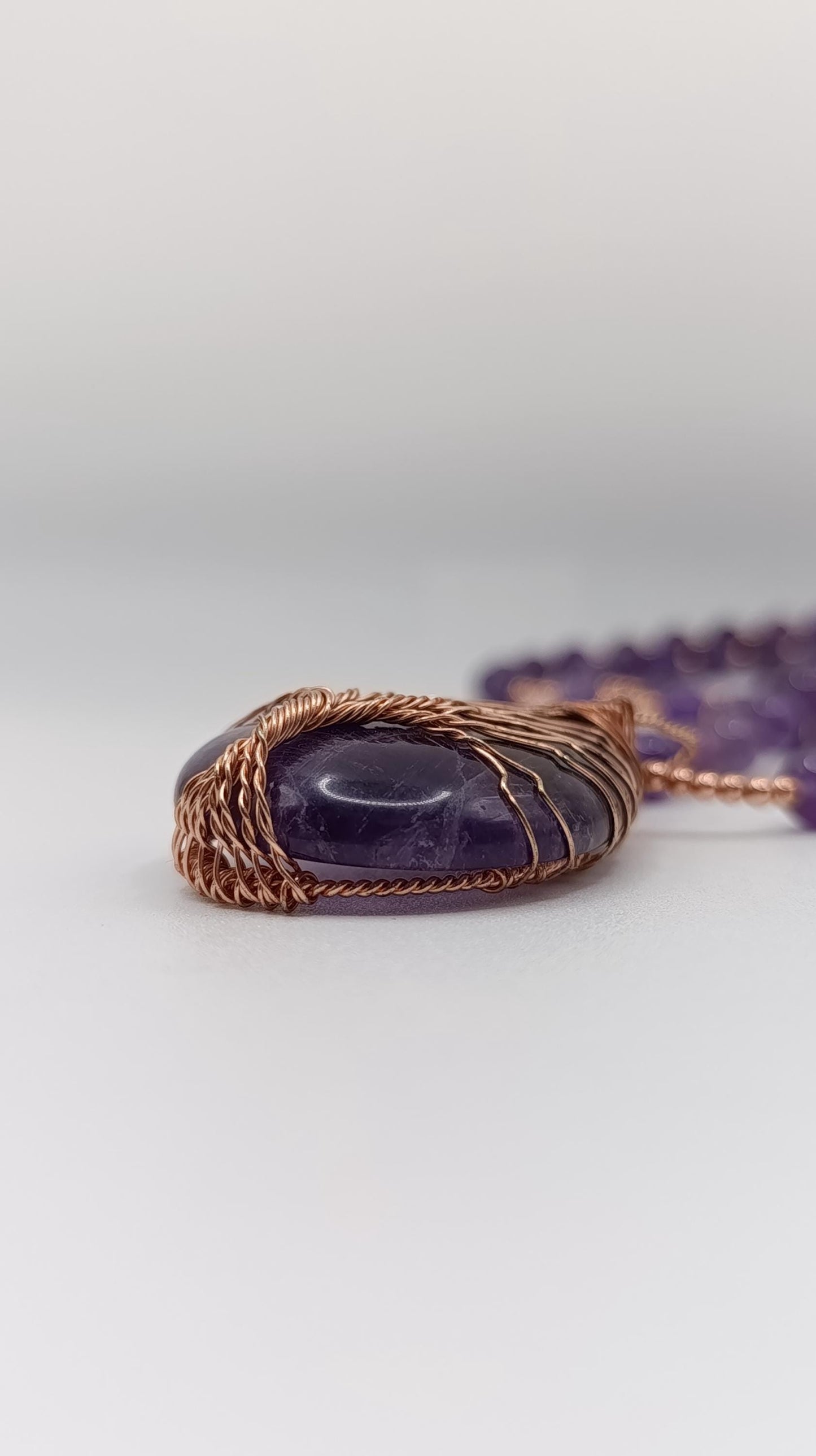 Amethyst Beaded Necklace with Tree of Life Copper Wire Pendant