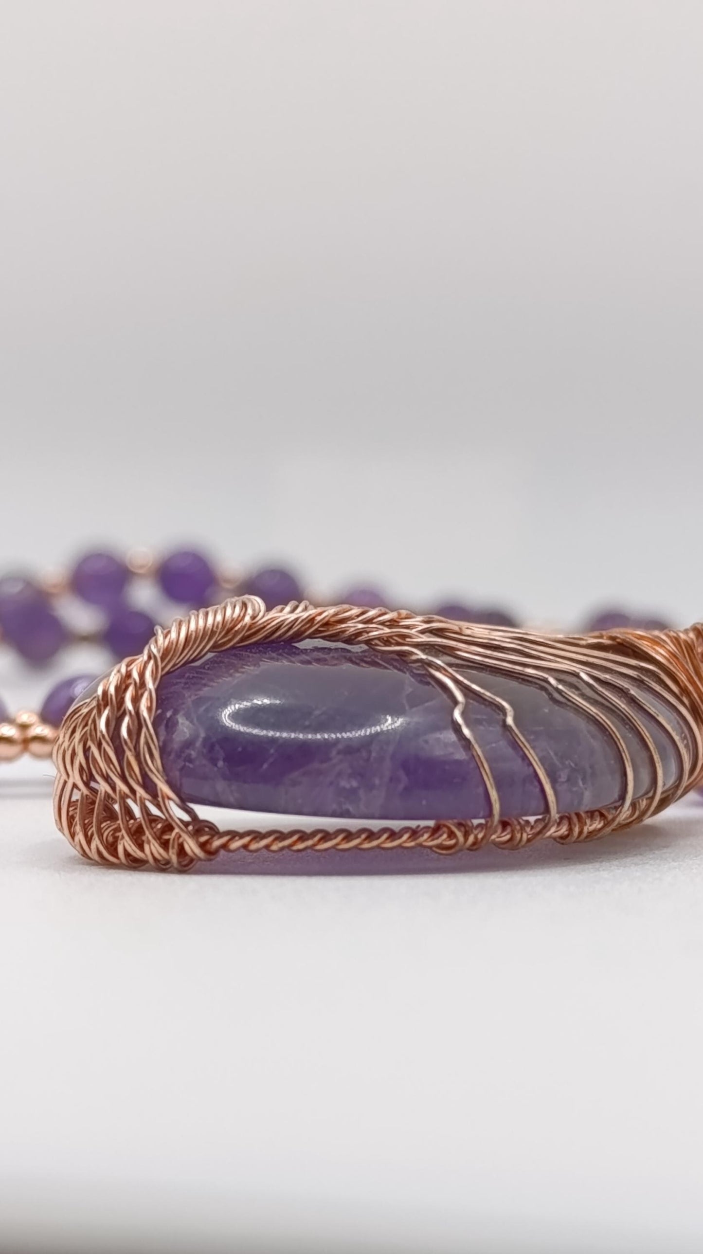 Amethyst Beaded Necklace with Tree of Life Copper Wire Pendant