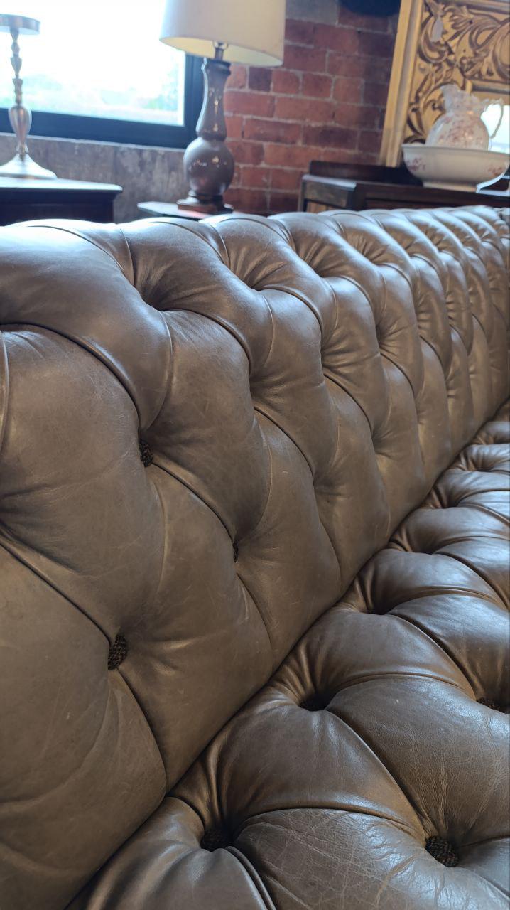 Vintage Grey Leather Chesterfield Style Sofa with Deep Button Tufting