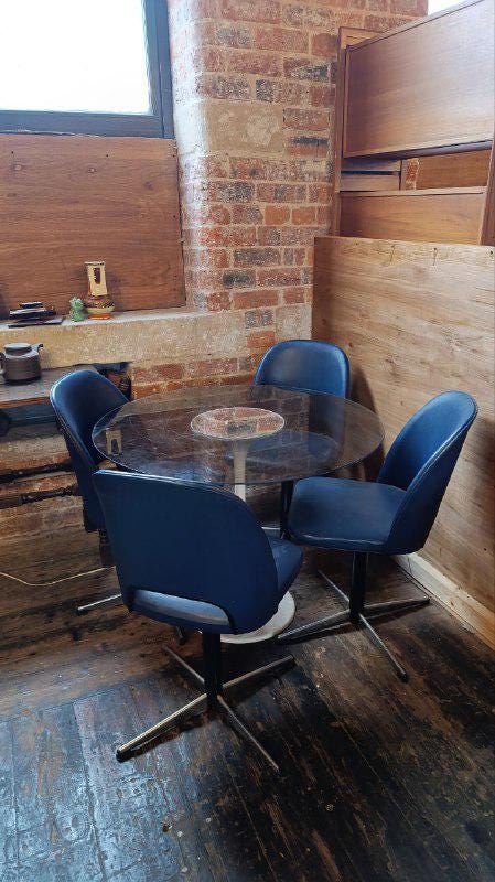 Mid Century West German Dining Table with Four Swivel Chairs in Blue Upholstery
