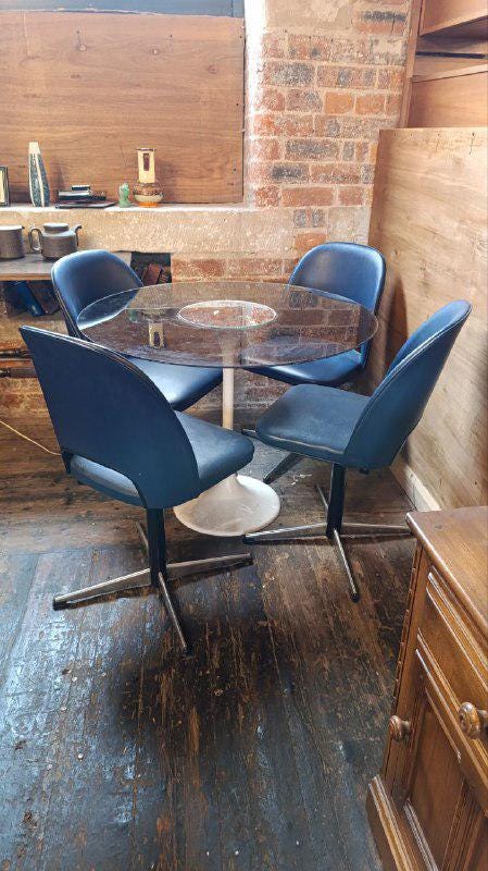 Mid Century West German Dining Table with Four Swivel Chairs in Blue Upholstery