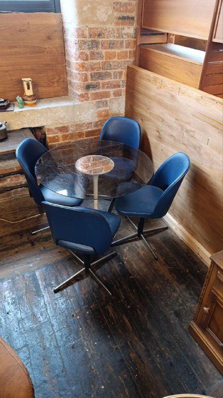 Mid Century West German Dining Table with Four Swivel Chairs in Blue Upholstery