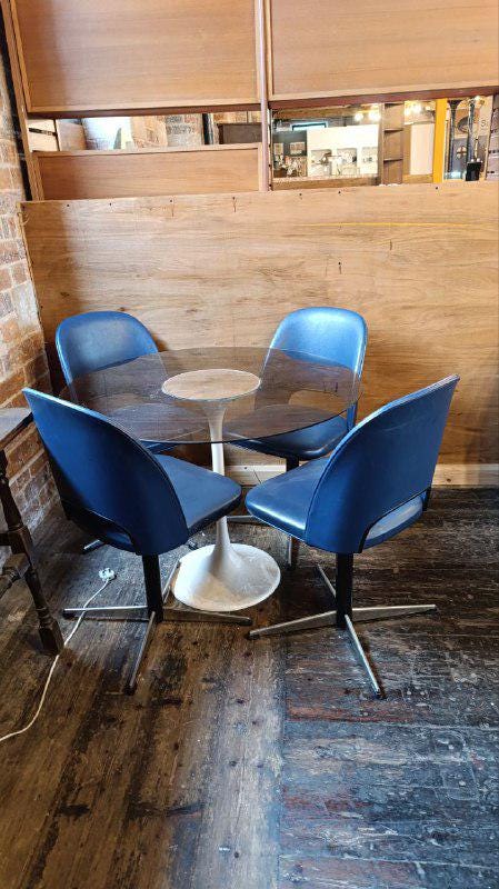 Mid Century West German Dining Table with Four Swivel Chairs in Blue Upholstery