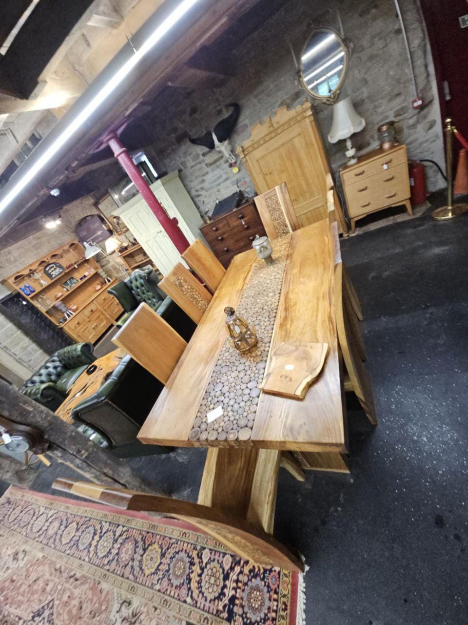 Handcrafted Solid Wood Dining Set – Large 8-Seater Table with Chairs, Rustic Inlay & Patina