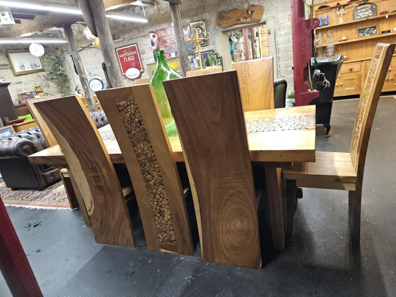 Handcrafted Solid Wood Dining Set – Large 8-Seater Table with Chairs, Rustic Inlay & Patina