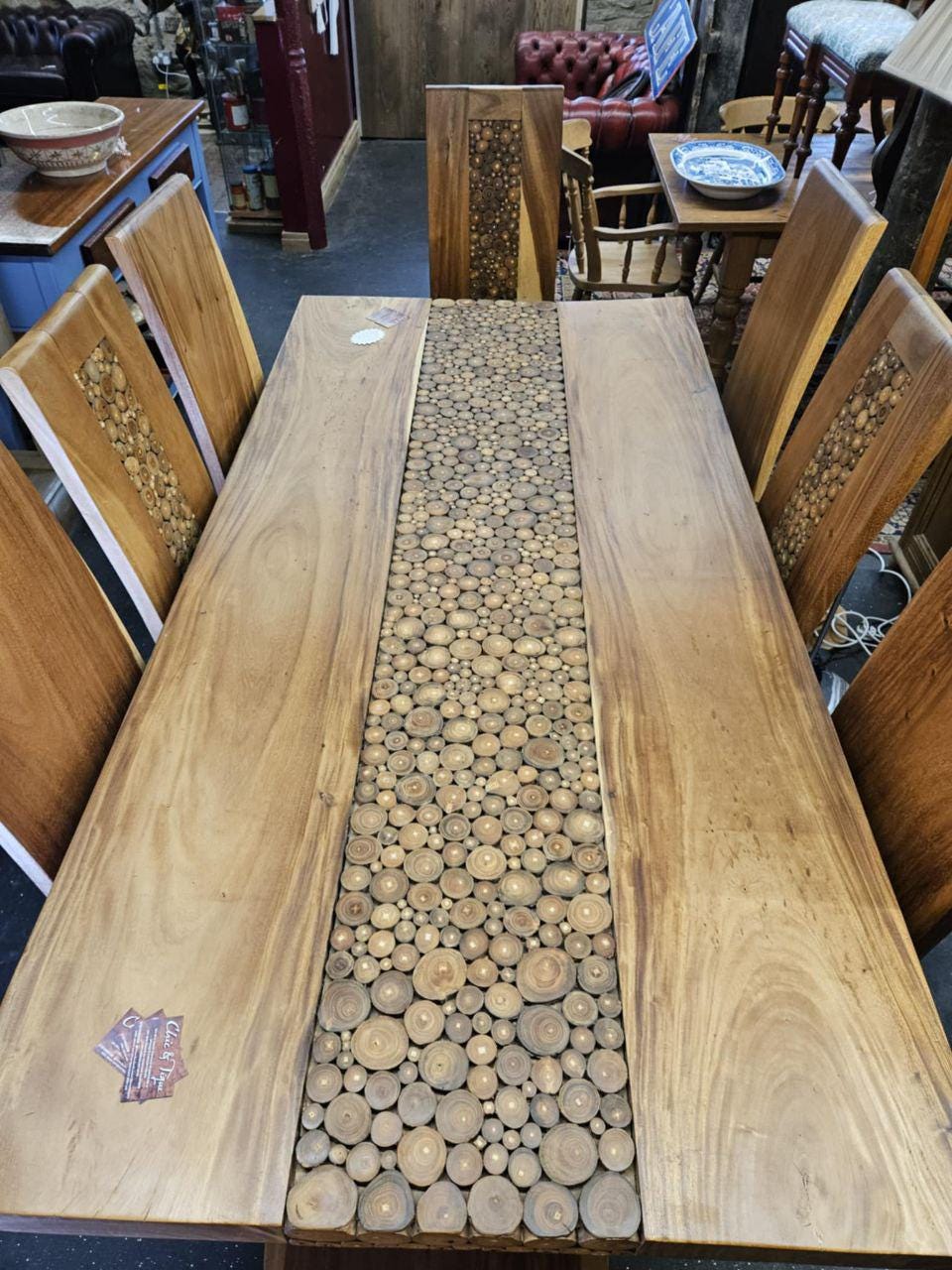 Handcrafted Solid Wood Dining Set – Large 8-Seater Table with Chairs, Rustic Inlay & Patina