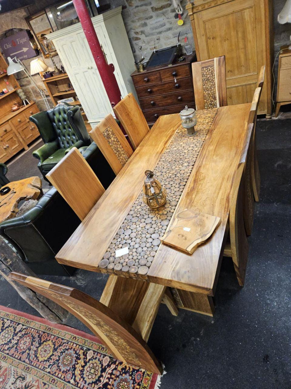 Handcrafted Solid Wood Dining Set – Large 8-Seater Table with Chairs, Rustic Inlay & Patina