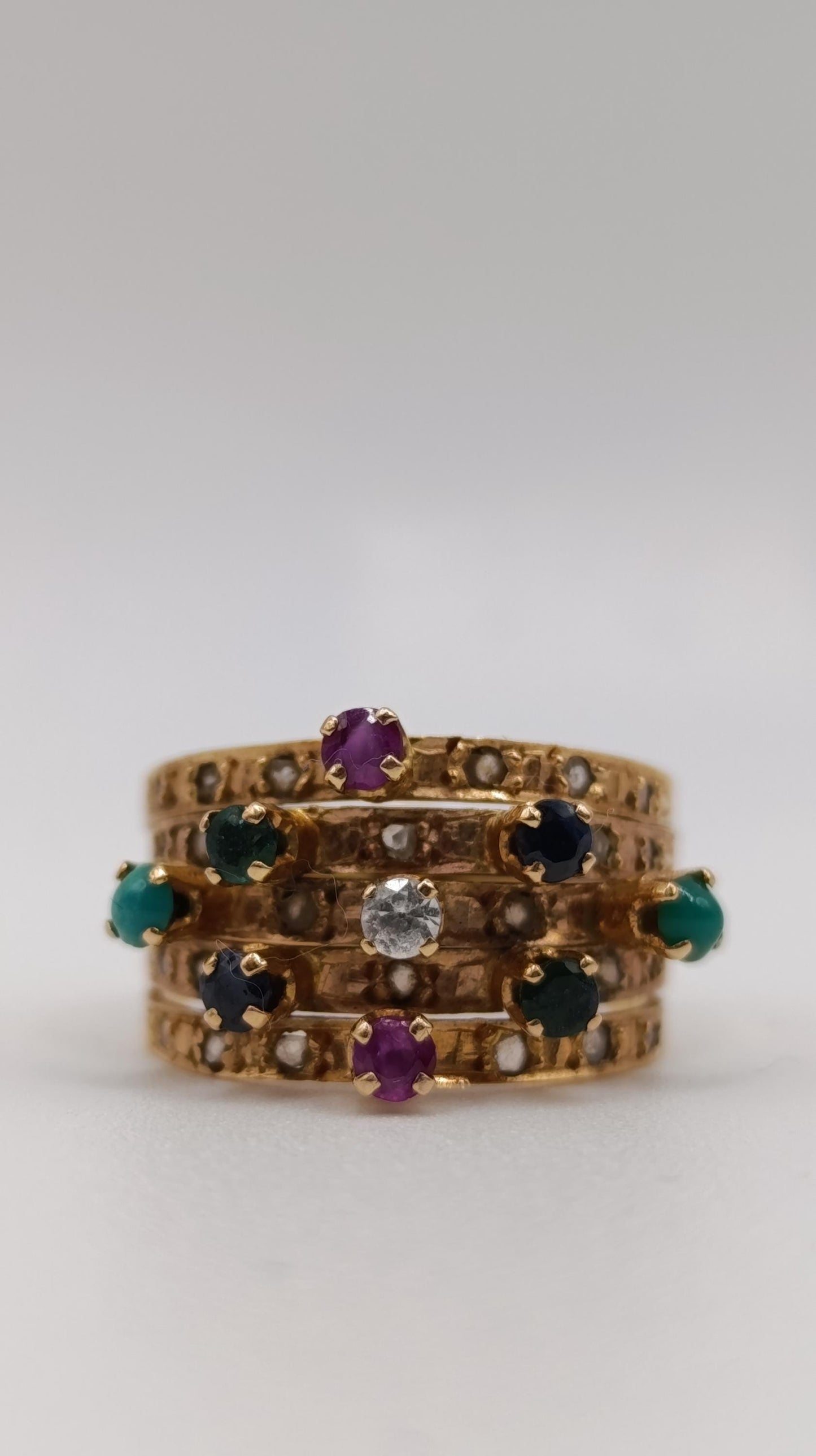 Edwardian 18ct Gold Multi-Gem Stacking Harem Ring Set with Rose Cut Diamonds