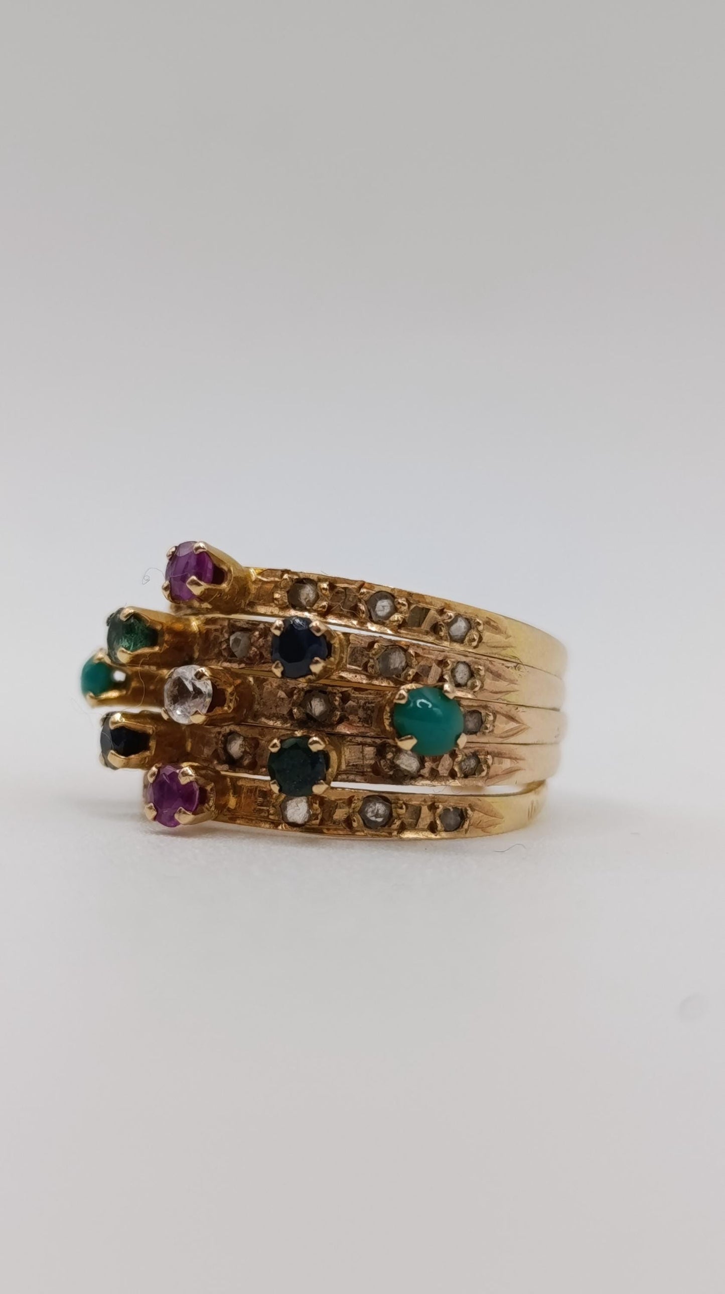 Edwardian 18ct Gold Multi-Gem Stacking Harem Ring Set with Rose Cut Diamonds