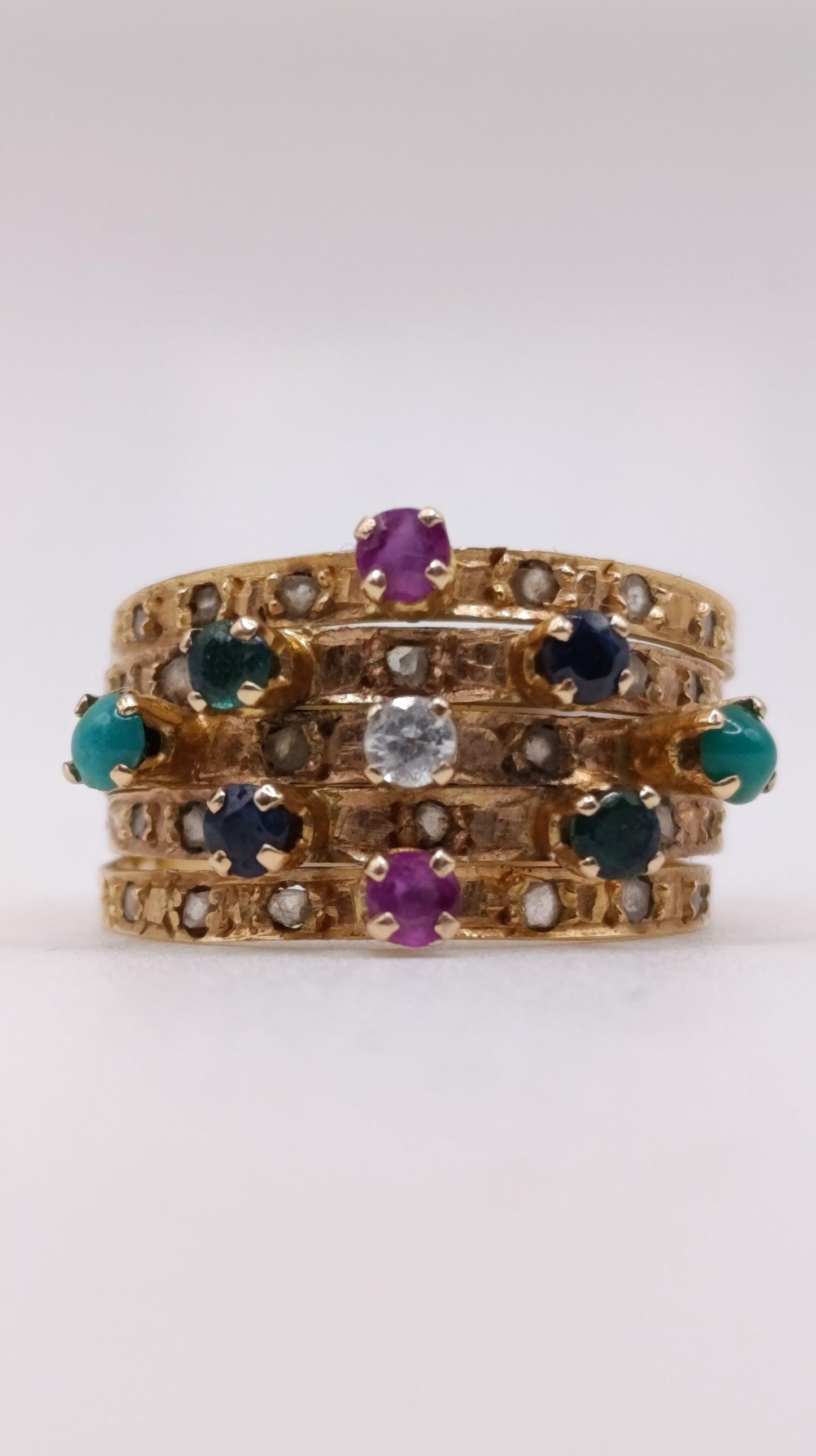 Edwardian 18ct Gold Multi-Gem Stacking Harem Ring Set with Rose Cut Diamonds