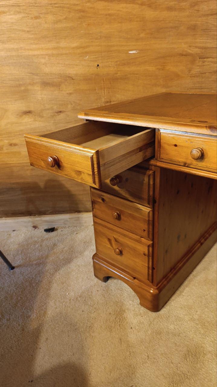 British Ducal Solid Pine Pedestal Desk with Tooled Leather Top