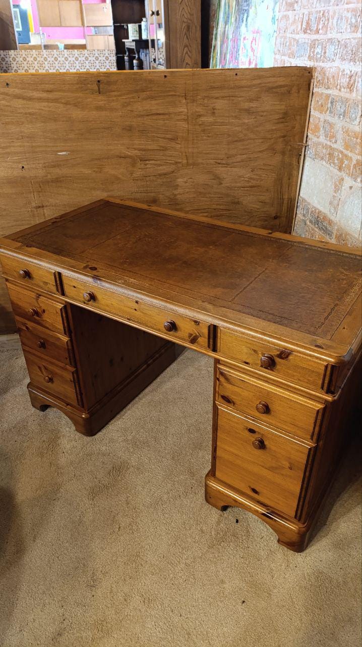 British Ducal Solid Pine Pedestal Desk with Tooled Leather Top