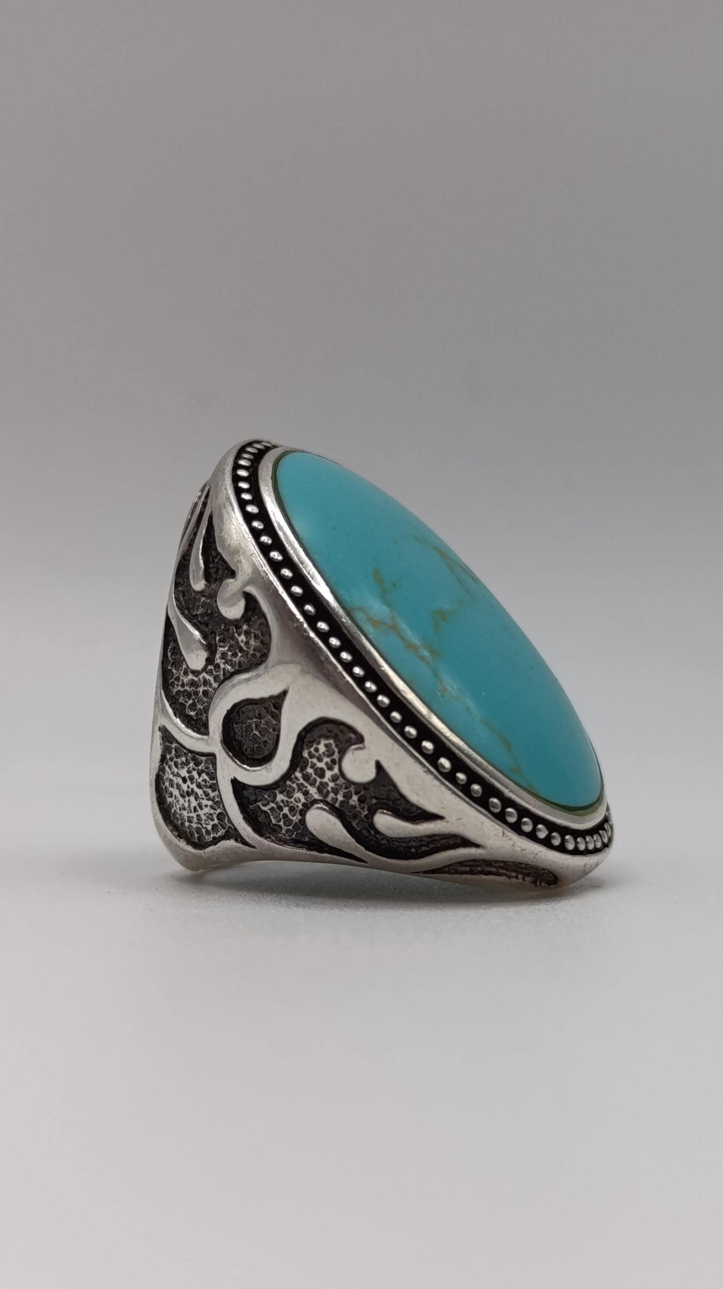 Sterling Silver Ring with Turquoise (Feroza) Cabochon, Hallmarked