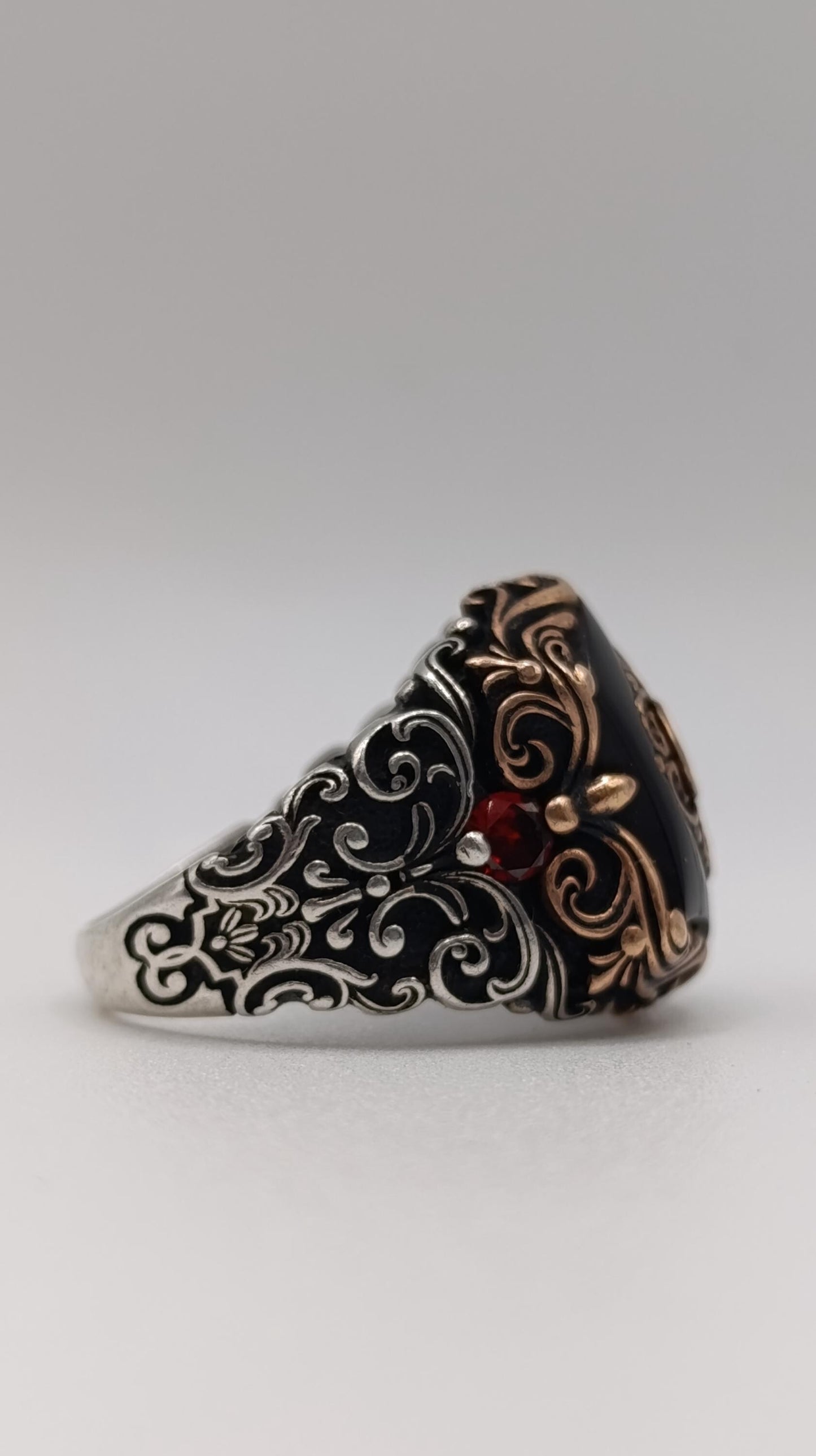 Ornate Sterling Silver & Garnet Ring, Handmade in Turkey