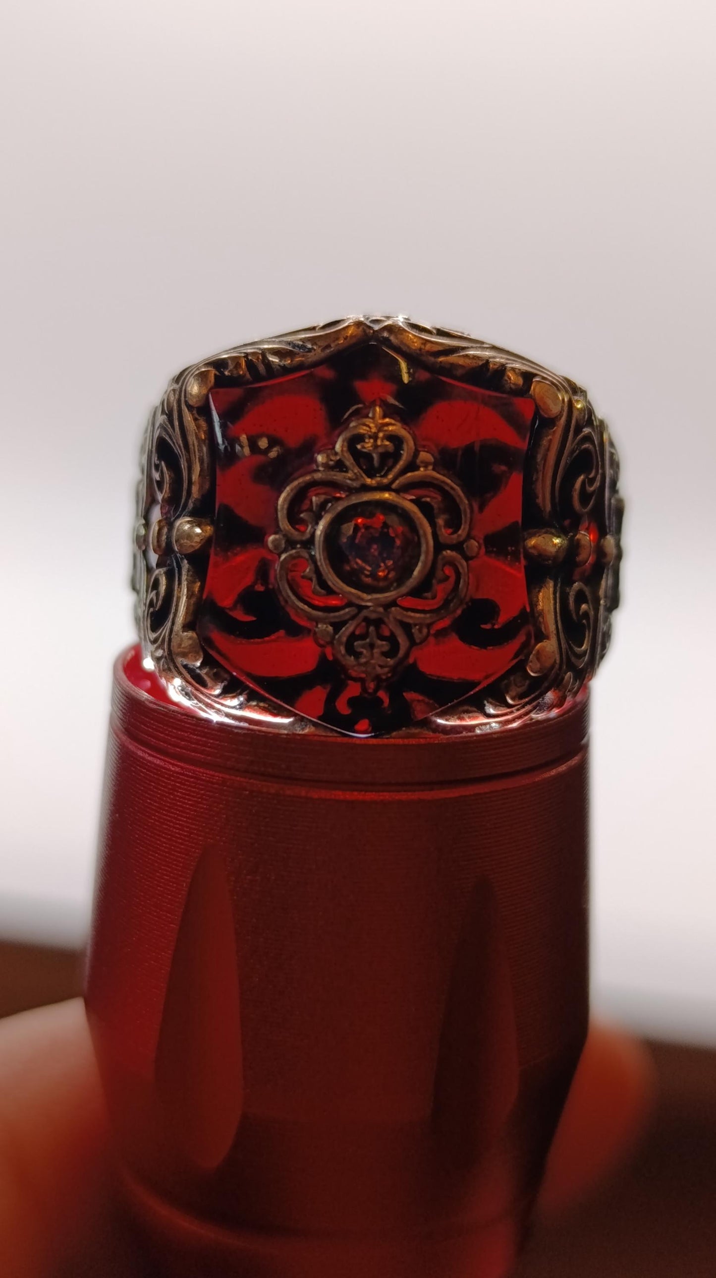 Ornate Sterling Silver & Garnet Ring, Handmade in Turkey