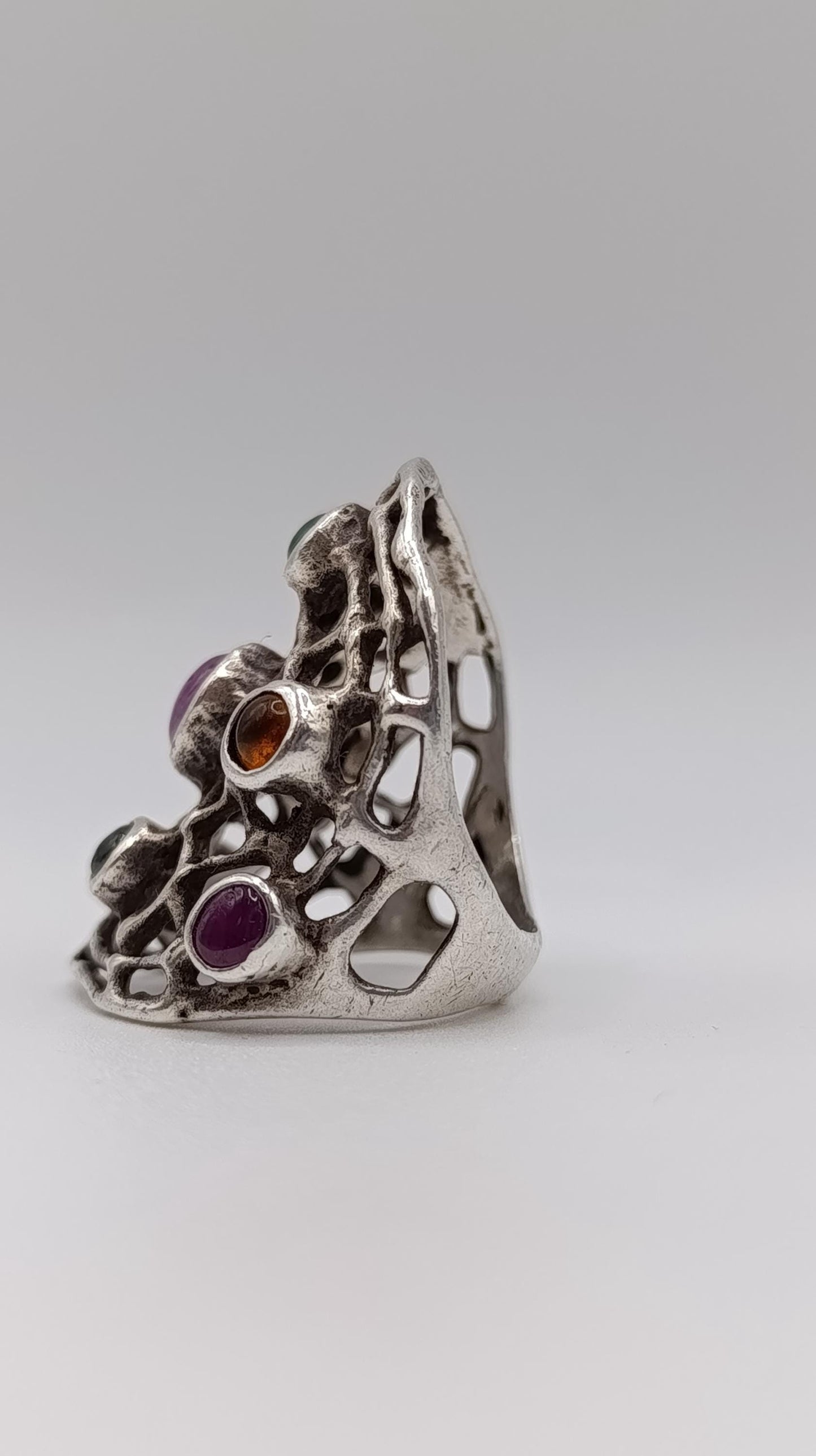 Sterling Silver "Galaxy" Ring with Ruby, Emerald, Garnet, Amber & Moonstone, 20g