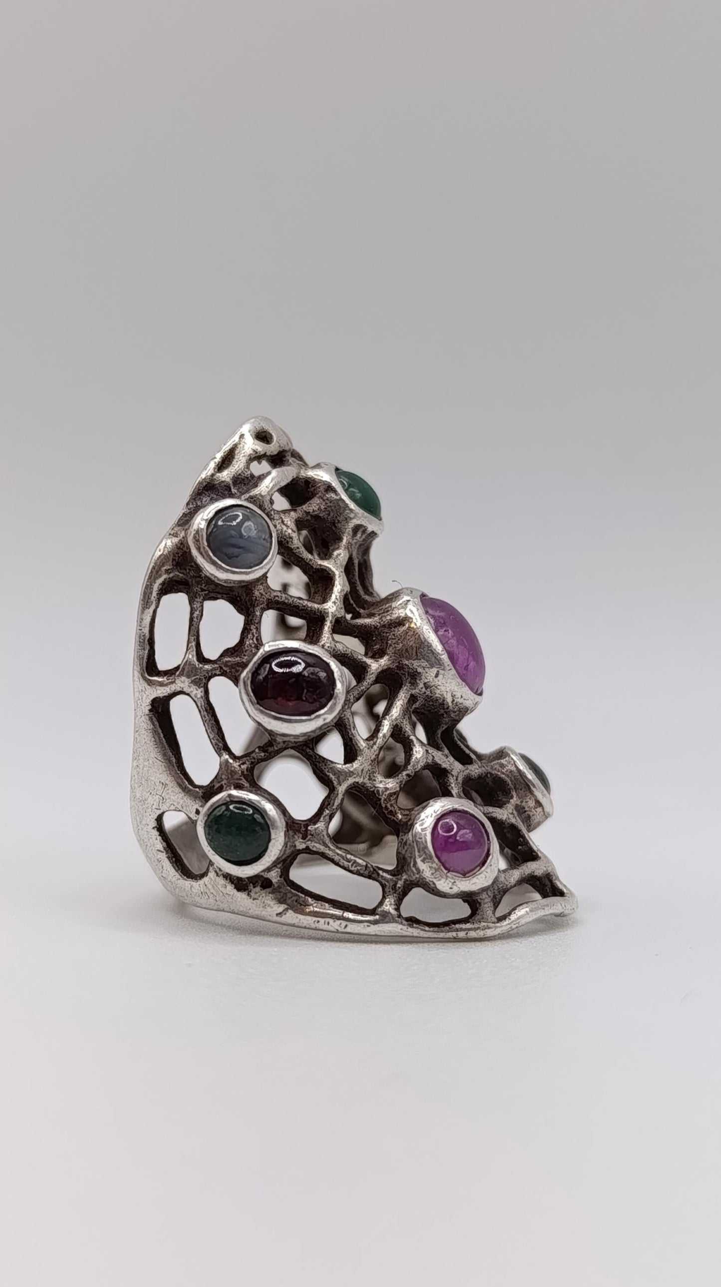 Sterling Silver "Galaxy" Ring with Ruby, Emerald, Garnet, Amber & Moonstone, 20g