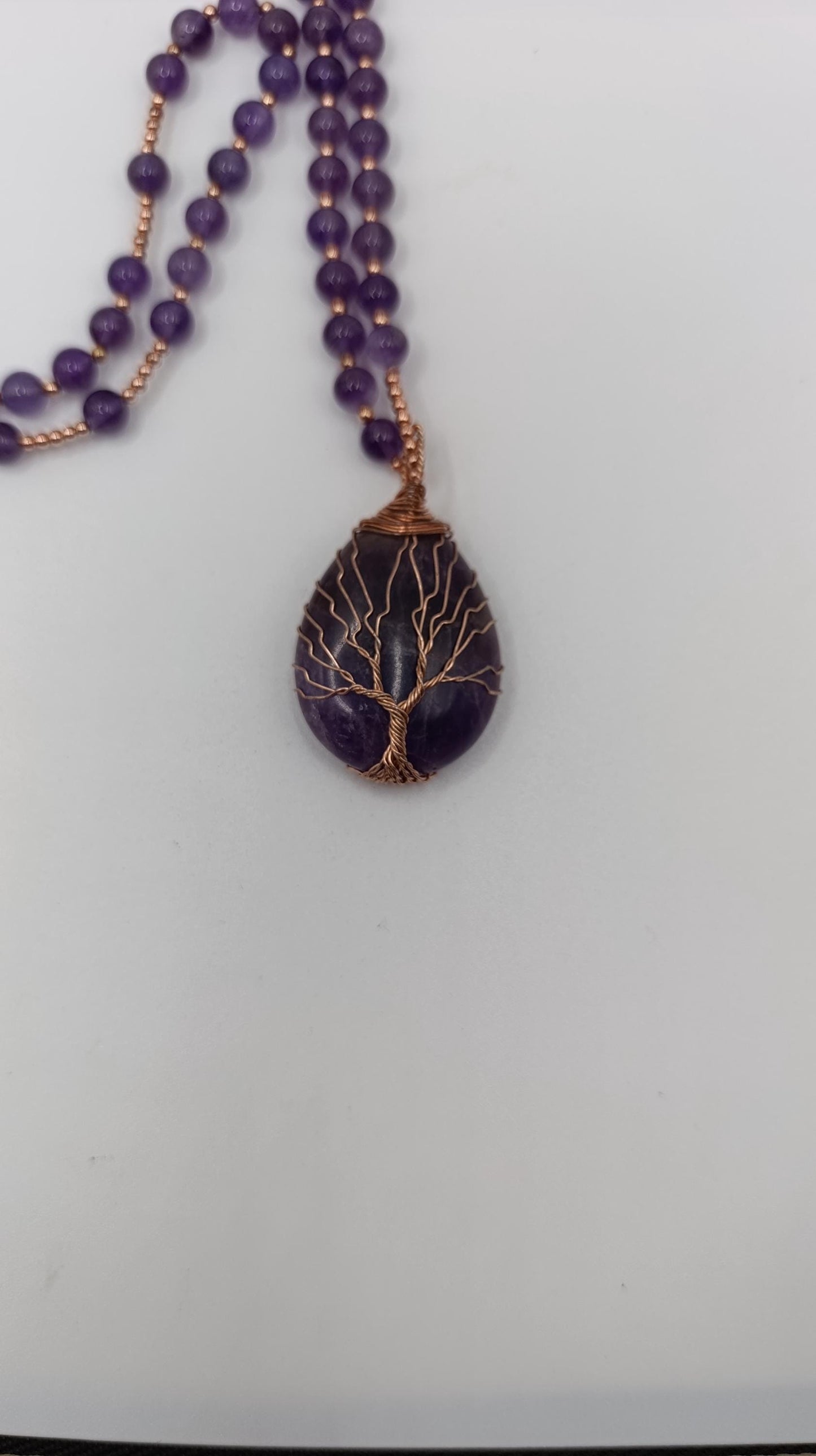 Amethyst Beaded Necklace with Tree of Life Copper Wire Pendant