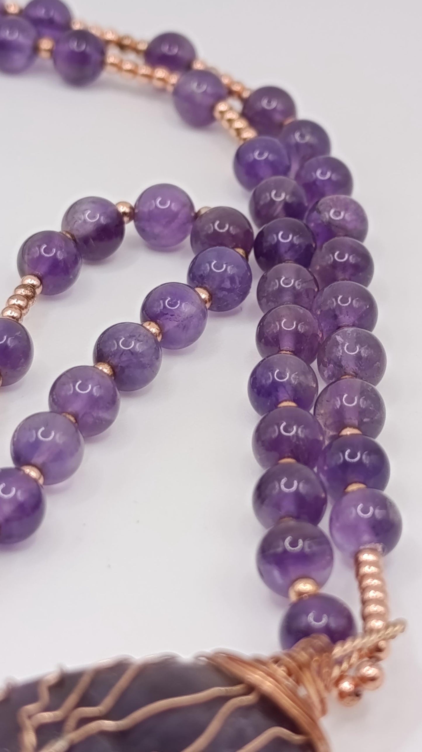 Amethyst Beaded Necklace with Tree of Life Copper Wire Pendant