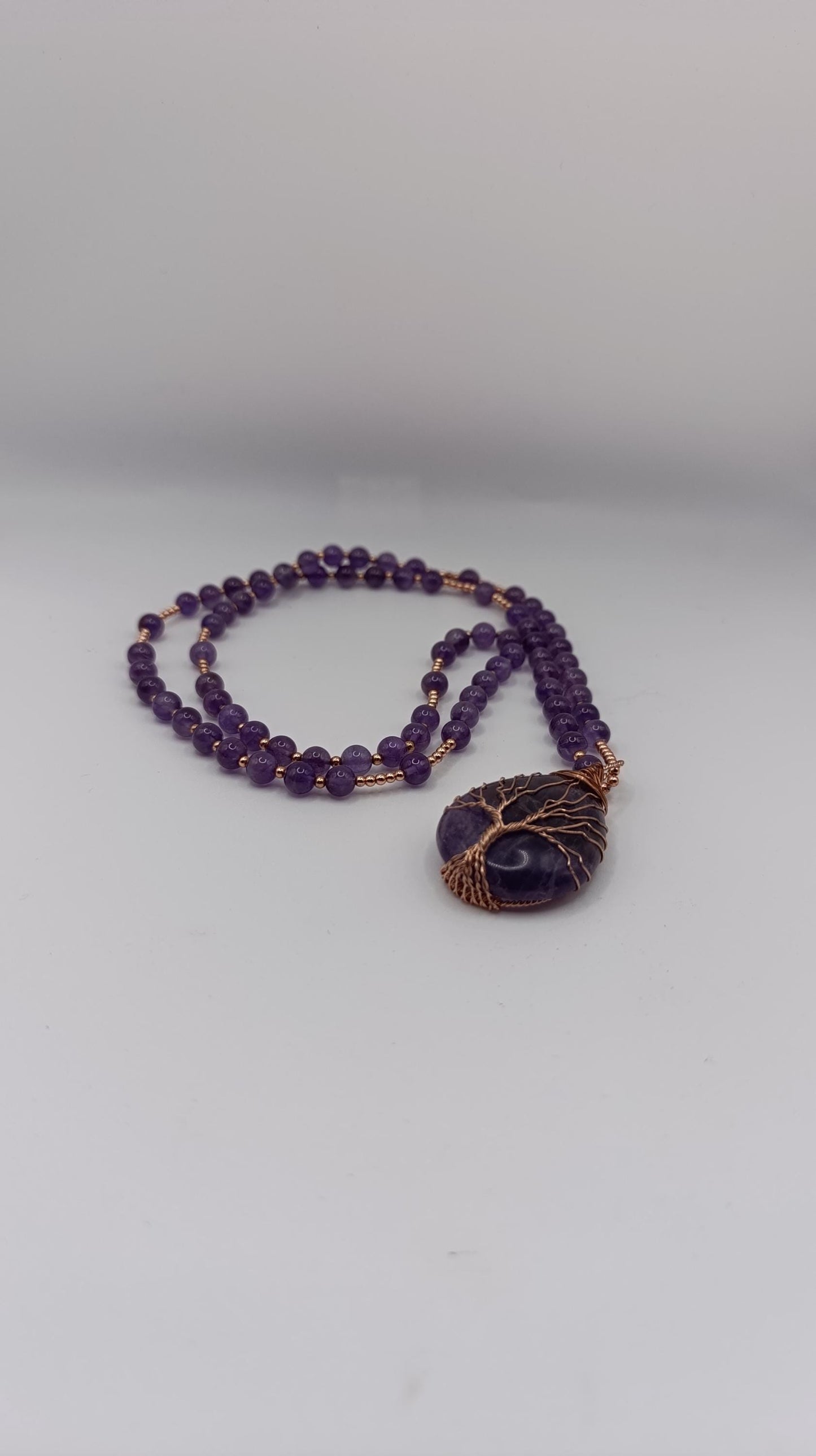 Amethyst Beaded Necklace with Tree of Life Copper Wire Pendant